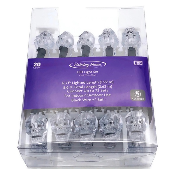 Skull 20 Count String Lights LED Halloween 8 Foot Black Wire New in Box … - Picture 7 of 11